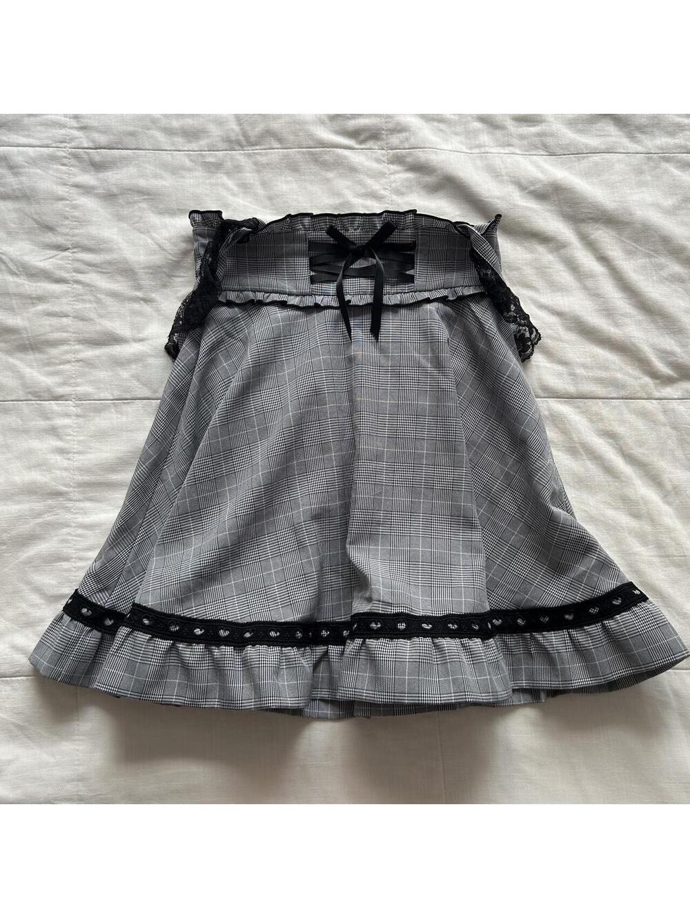 Mars Gray Plaid Mini Skirt Black Corset Ribbon Lace Heart Ruffle Hem XS Japan